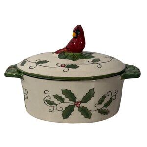 Temp-Tations Presentable Ovenware Holly Cardinal 9 Oz  Covered Holiday Dish